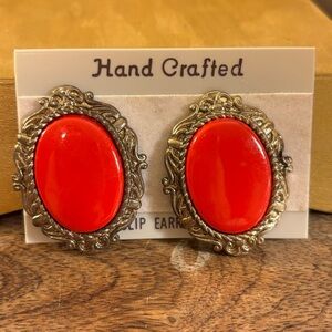 Antique Gold with Red Center Clip on Earrings Vintage